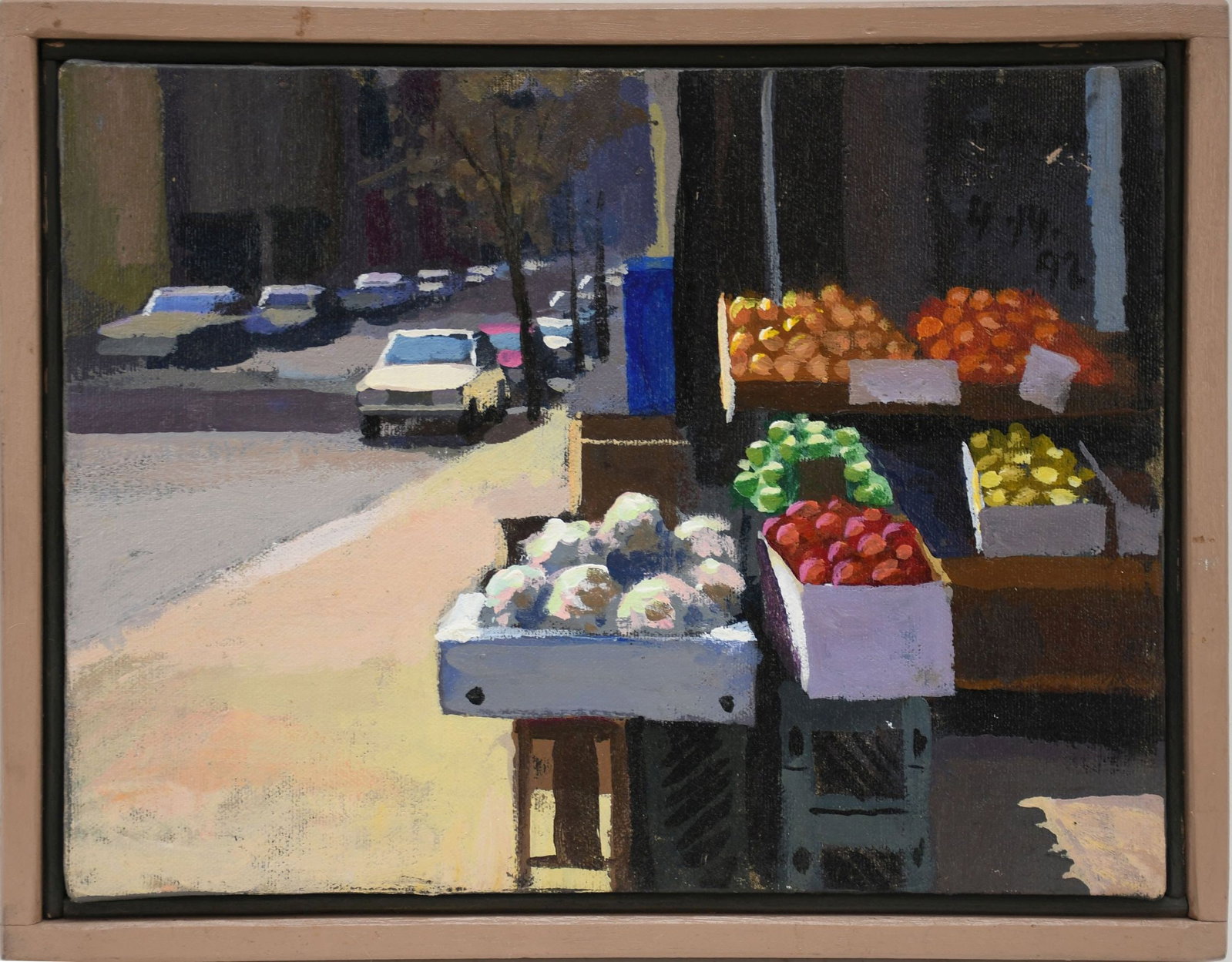 Frank Hanavan (American 20th Century) Plein Air Hoboken Artist, Acrylic on Canvas, Washington: Frank Hanavan (American 20th Century) Plein Air Hoboken Artist, Acrylic on Canvas, Washington Street vegetable stand, 9 x 12 inches, overall framed size is 10-1/2 x 13-1/2 inches