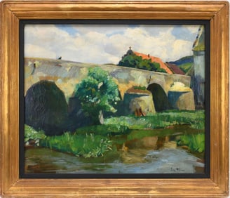 Erich Muller (Born 1927) is active/lives in Switzerland. Landscape Bridge Scene, Oil on canvas, 20 x