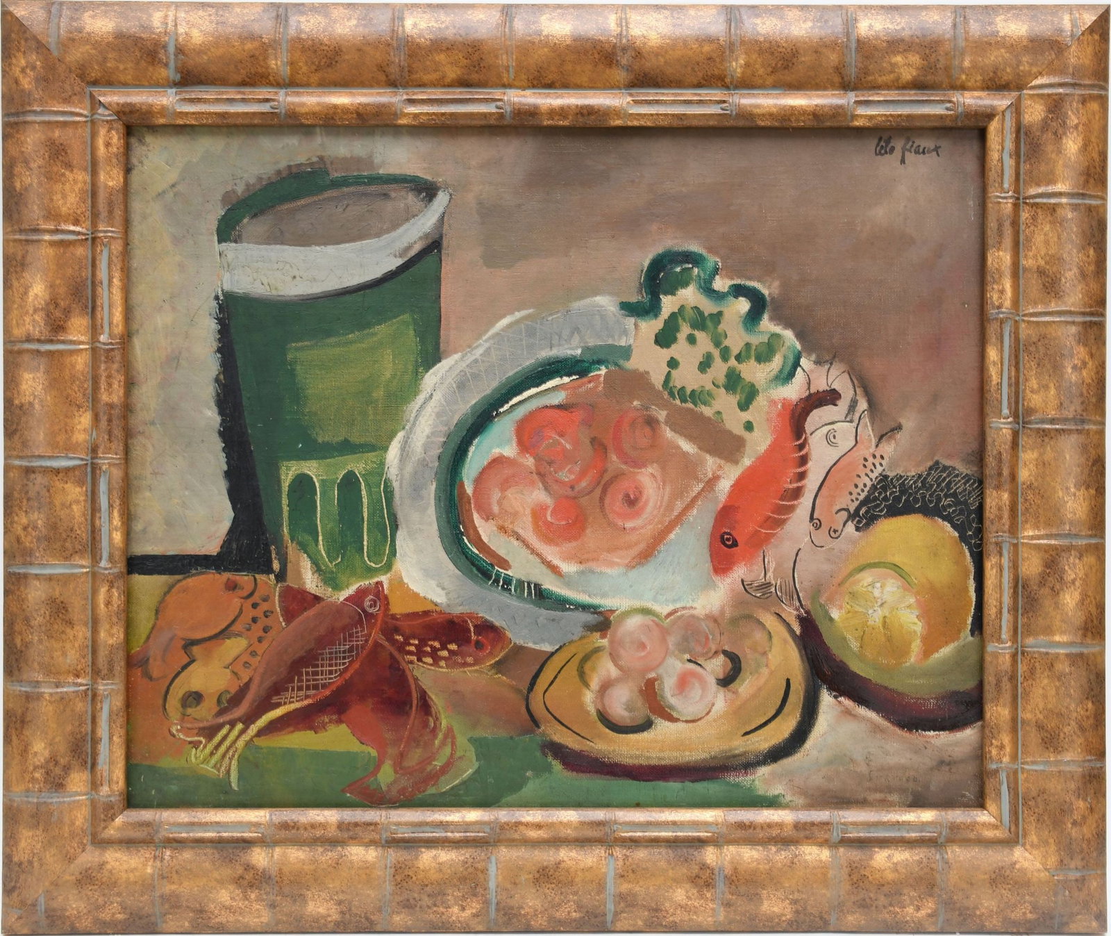 Lelo Helen Fiaux (Switzerland 1909 - 1963) Oil on canvas, Nature Morte… pntg. 16 x 20 in. overall: Lelo Helen Fiaux (Switzerland 1909 - 1963) Oil on canvas, Nature Morte… pntg. 16 x 20 in. overall framed size is 21 x 25 inches.