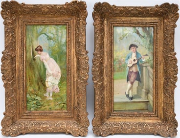 Pair oil on panels. D. W. Haddon, courting scenes, 13" x 6 3/4", overall frame 19" x 12"