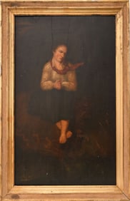 Full Portrait lady with crossed legs and folded hands. Antique panel has been restored has old