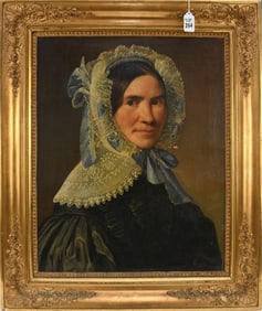 19th Century oil on canvas Portrait of Puritan Lady with lace bonnet. Canvas 21-3/4 x 17-3/4 inches