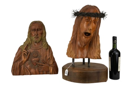 Carved Wood Bust of Christ with Crown of Thorns, Sacred Heart Plaque - C. 20th century. A carved