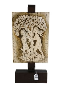 Italian Adam & Eve Carved Coral Plaque & Stand - A carved rectangular plaque carved of coral stone