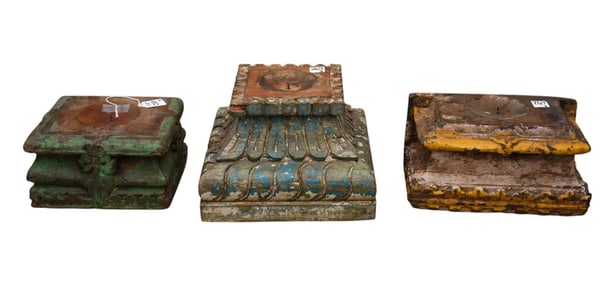 Three Antique Wood Pillar Column Candle Stands - Three carved and painted wood candle stands, each
