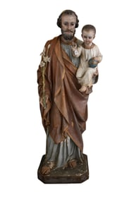 Life-Size Statue of Saint Joseph & Baby Jesus - 20th Century. Polychrome plaster. A life sized