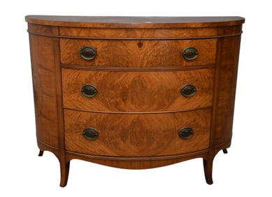 Mahogany Demilune 3 Drawer Chest with Marquetry Cartouches on End Panels, 35"h x 48"w x 20