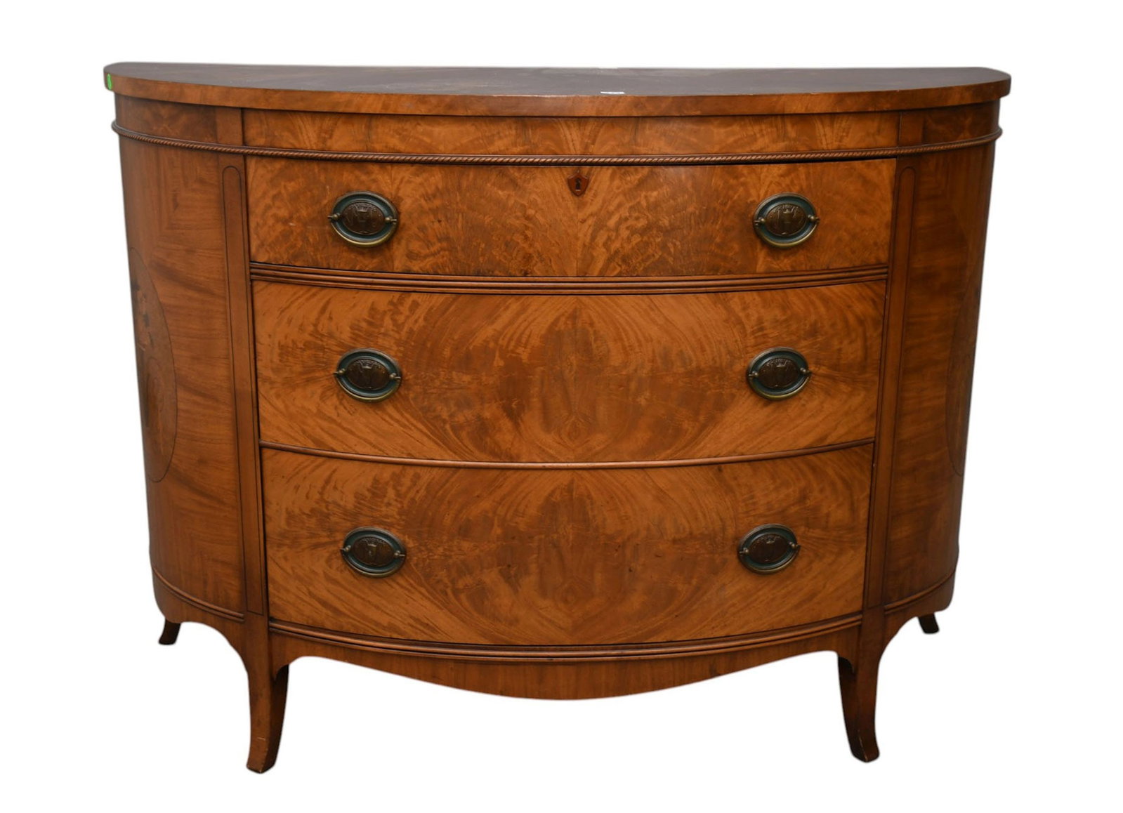 Mahogany Demilune 3 Drawer Chest with Marquetry Cartouches on End Panels, 35"h x 48"w x 20: Mahogany Demilune 3 Drawer Chest with Marquetry Cartouches on End Panels, 35"h x 48"w x 20 1/2"d ***If this item is not picked up by the Friday following the auction, it will be moved to offsite stora