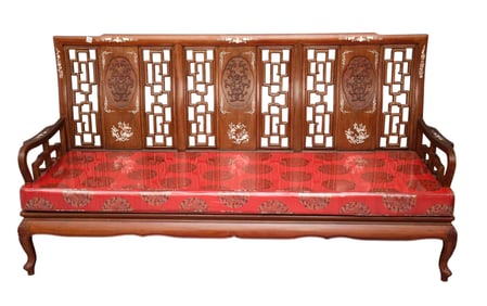 20th century Chinese Settee With 3 Lattice Type Panels in Surrounding Carved Medallion with Mother o