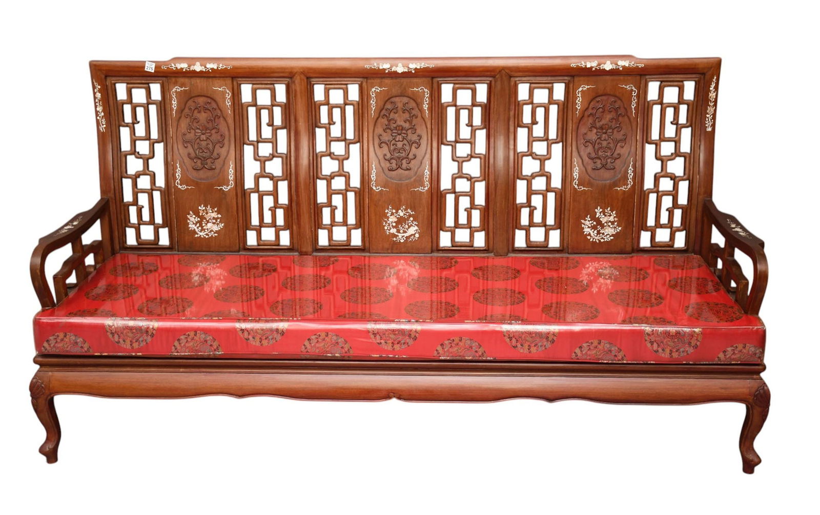 20th century Chinese Settee With 3 Lattice Type Panels in Surrounding Carved Medallion with Mother o (1 of 8)