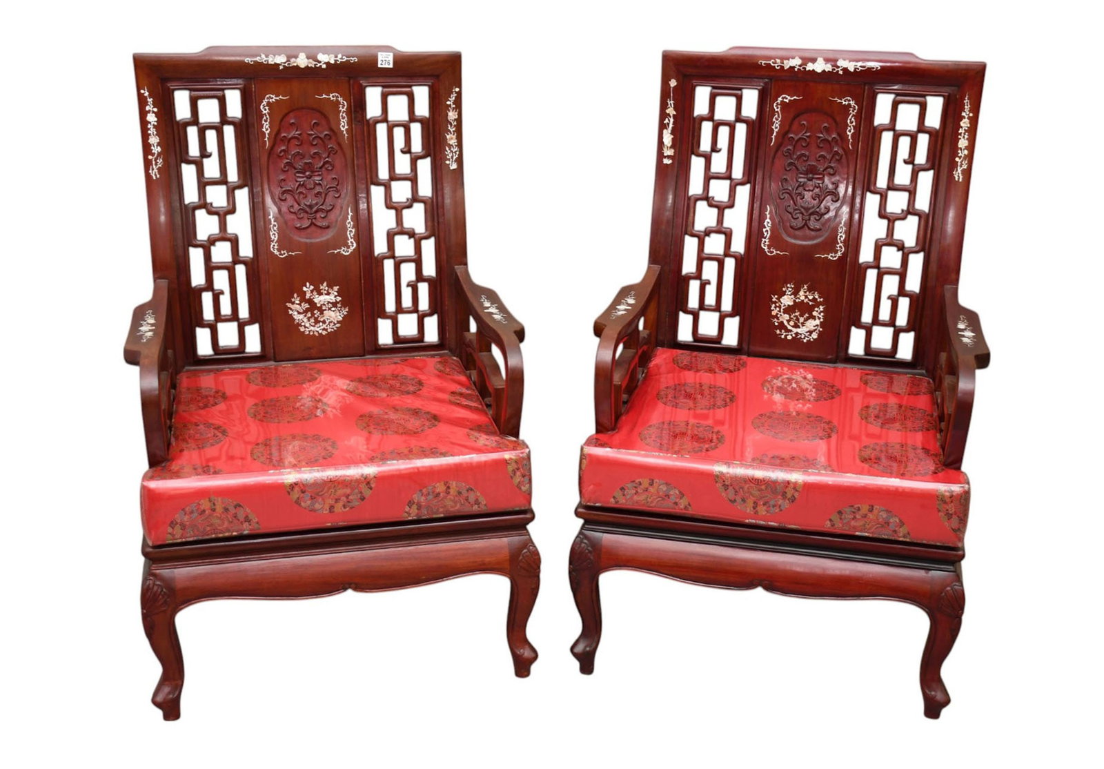 Pair of 20th century Chinese rosewood chairs with mother of pearl inlay. 37"h x 25"w x 26"d: Pair of 20th century Chinese rosewood chairs with mother of pearl inlay. 37"h x 25"w x 26"d Item ***If this item is not picked up by the Friday following the auction, it will be moved to offsite stora