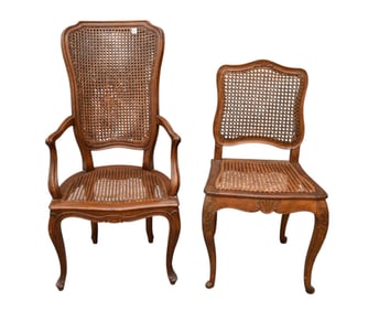 2 Walnut French Provincial Caned Chairs, One Arm, One