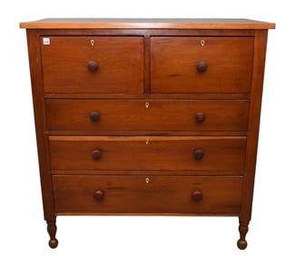 American 19th c. Cherry 5 Drawer Chest with Ivory Escutcheons, 44"h x 45"w x 19