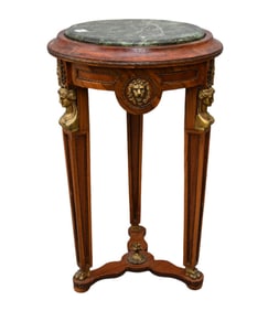 Neo Classical Style Round Side Table, Green Marble Insert, Gilt Metal Mounts On Trifed Base, 28"h x