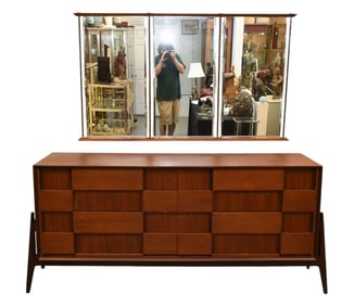 Jorgen Clausen Danish Teak Dresser, 83 wide x 36-1/2 tall x 20 deep - inches. AND 3 Panel Beveled
