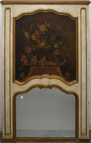 Painted Trumeau with Floral Basket Over Mirror, Gilded Accents, 63"h x 48"w