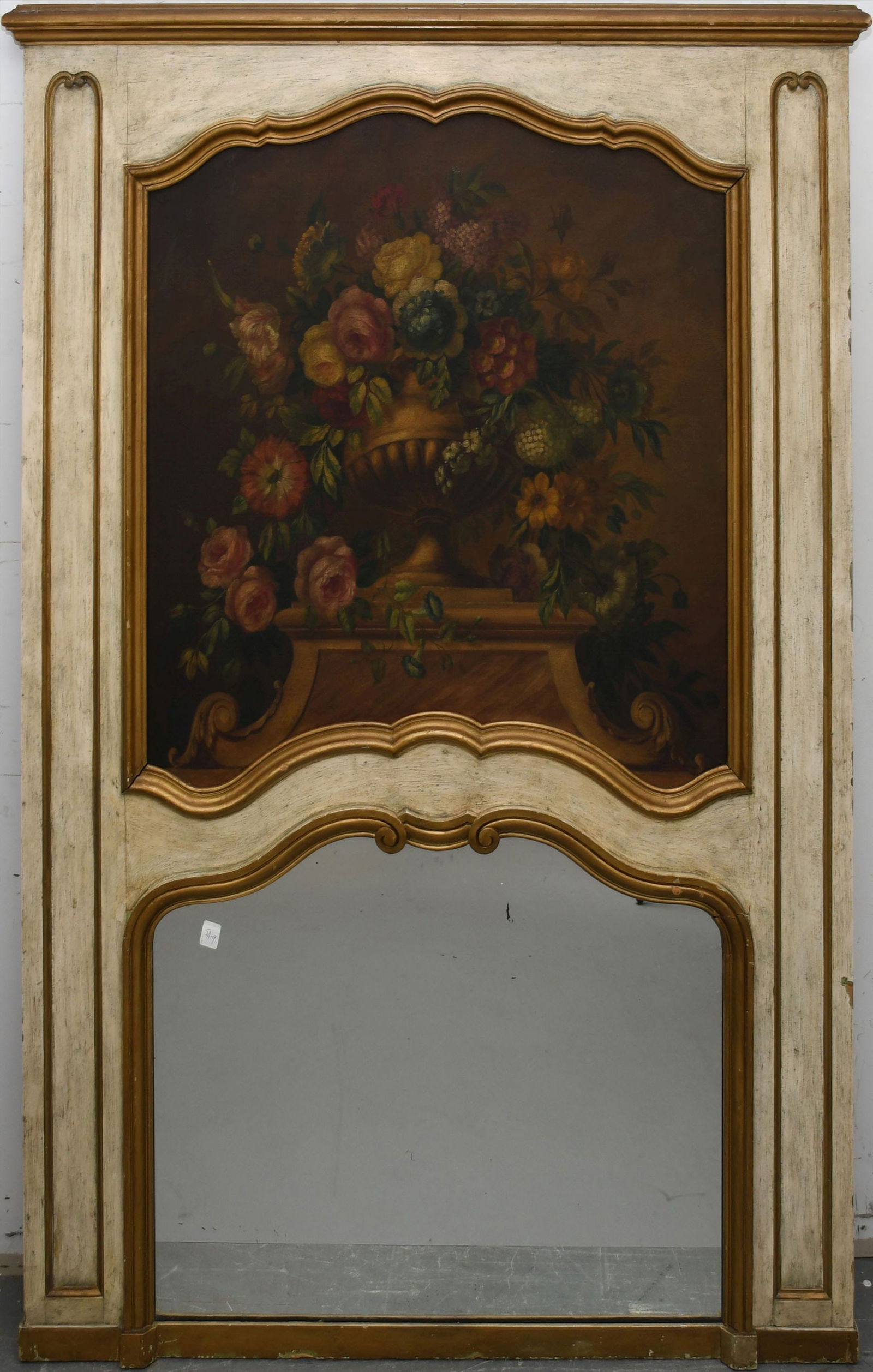 Painted Trumeau with Floral Basket Over Mirror, Gilded Accents, 63"h x 48"w: Painted Trumeau with Floral Basket Over Mirror, Gilded Accents, 63"h x 48"w