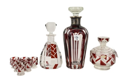 Czech Art Deco Bohemia Red, Frosted and Clear Glass Table Articles, 20th Century, Decanter with