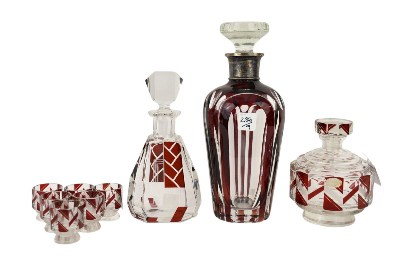 Czech Art Deco Bohemia Red, Frosted and Clear Glass Table Articles, 20th Century, Decanter with (1 of 8)