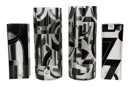 Four Czech Art Deco Enameled Black Frosted and Clear Glass Vases, 20th Century,
