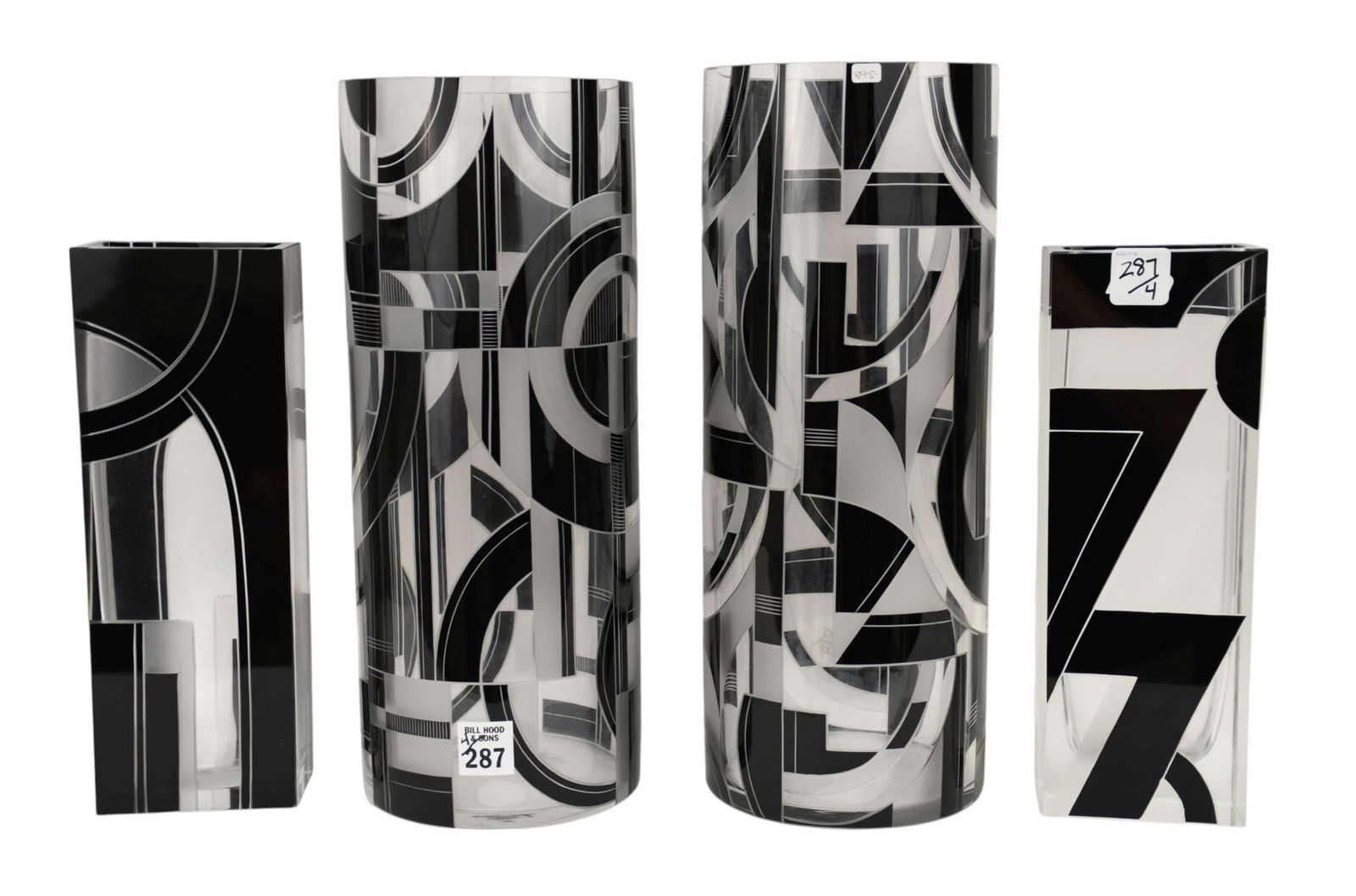 Four Czech Art Deco Enameled Black Frosted and Clear Glass Vases, 20th Century, (1 of 5)