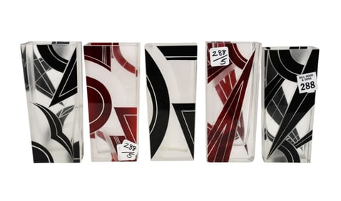 5 Czech Art Deco Enameled (3) Black & (2) Red Frosted & Clear Glass Vases, 20th c,
