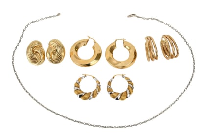 14K Yellow & White Gold Jewelry Lot. 4 pairs of earrings and a 14K White Gold Necklace. Wt. 29.5