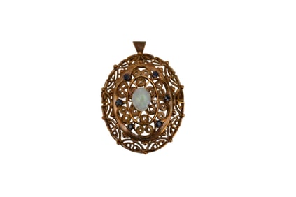 Antique 14K Rose Gold Pendant Brooch Opal & Sapphire. Wt. 12.7 grams 1.25" x 1.75"