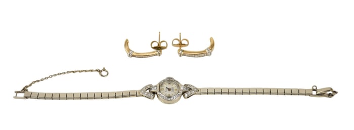 14K Yellow & White Gold Jewelry Lot. 14K yellow gold diamond earrings missing 1 diamond .75" and 14K