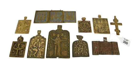 Collection of Three Antique Brass Russian Icons - A group of three antique Russian Orthodox Icons.