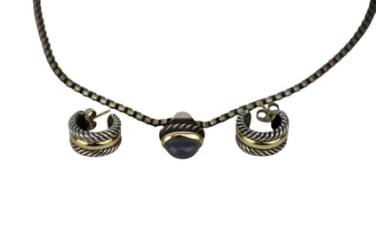 David Yurman 14K & Sterling Silver Necklace & Earrings. Necklace 16" Pendant .5" and earrings .5"