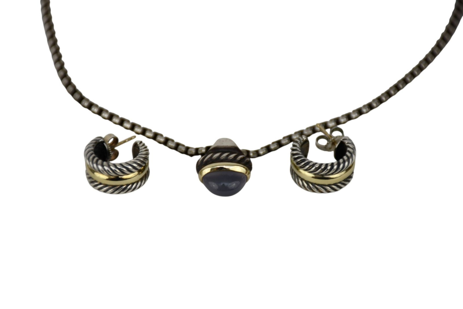 David Yurman 14K & Sterling Silver Necklace & Earrings. Necklace 16" Pendant .5" and earrings .5" (1 of 4)