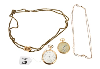 2 Gold Filled Pocket Watches with Fobs. Waltham serial #18720930 needs service 50mm and Elgrin