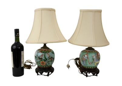 Pair Small Chinese Table Lamps, Turquoise Ground with Floral Design, 17"h to top of shade