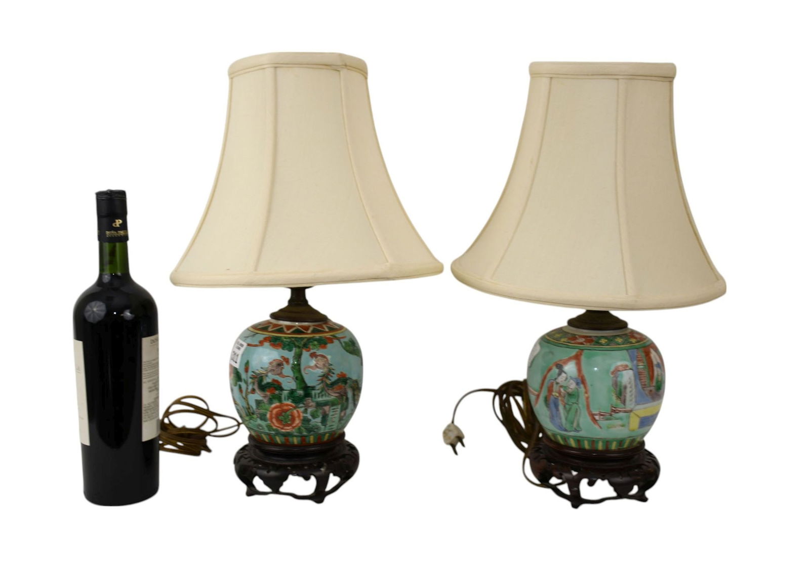 Pair Small Chinese Table Lamps, Turquoise Ground with Floral Design, 17"h to top of shade (1 of 5)
