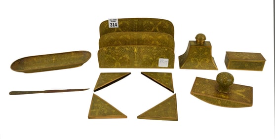 10 Pc. Vintage Yellow Enameled Desk Set, Letter Opener 6"h x 8"w x 2'd & Tray 9"L