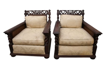 Pair of Continental Heavily Carved Armchairs on Bun Feet with caning on back & Sides, 32"h x 26"w x