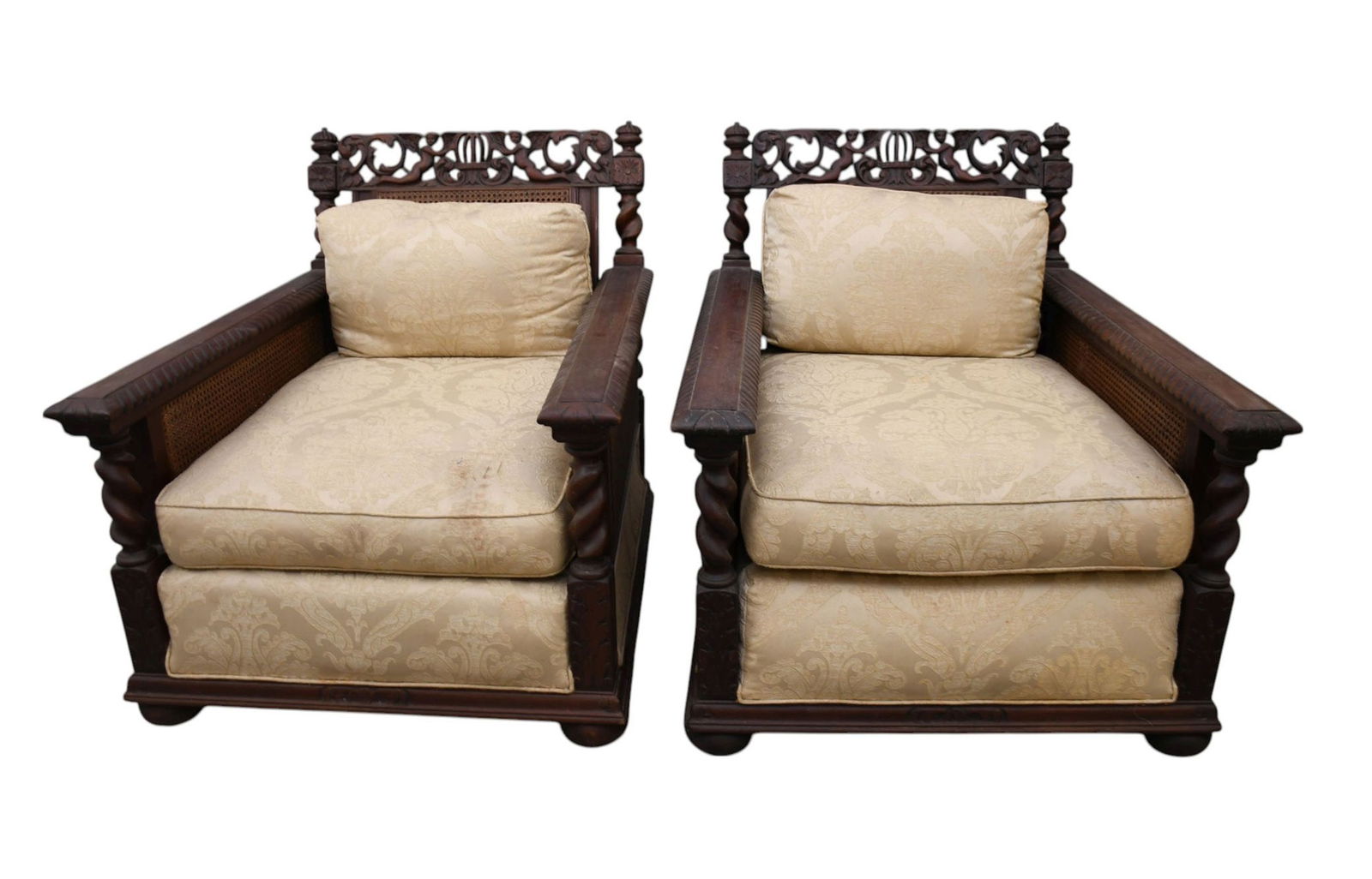Pair of Continental Heavily Carved Armchairs on Bun Feet with caning on back & Sides, 32"h x 26"w x (1 of 8)