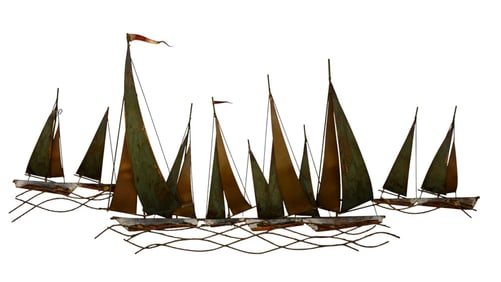 Curtis Jere Wall Mounted Mixed Metal Sailboat Sculpture, 29"h x 61"w