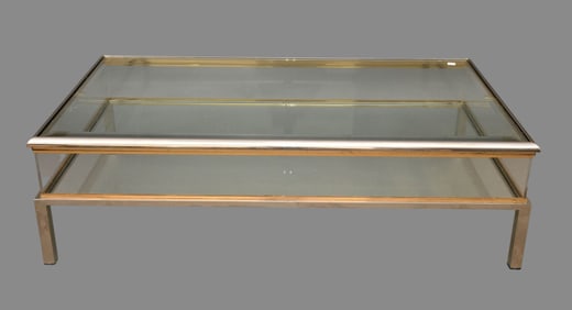Modern Chrome Glass & Brass Coffee Table and Display Piece, 15"h x 50"w x