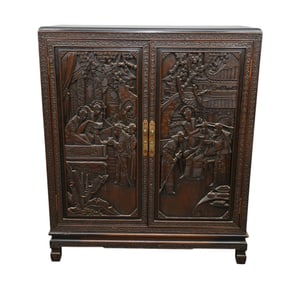 Oriental Heavily Carved Cabinet With Elaborately Carved Side Panels & Doors, Interior with 5 Pull