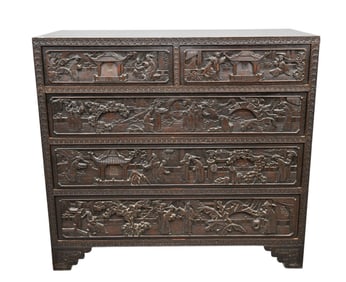 Oriental Elaborately Carved 5 Drawer Chest including Side Panels, 40"H x 44"w x