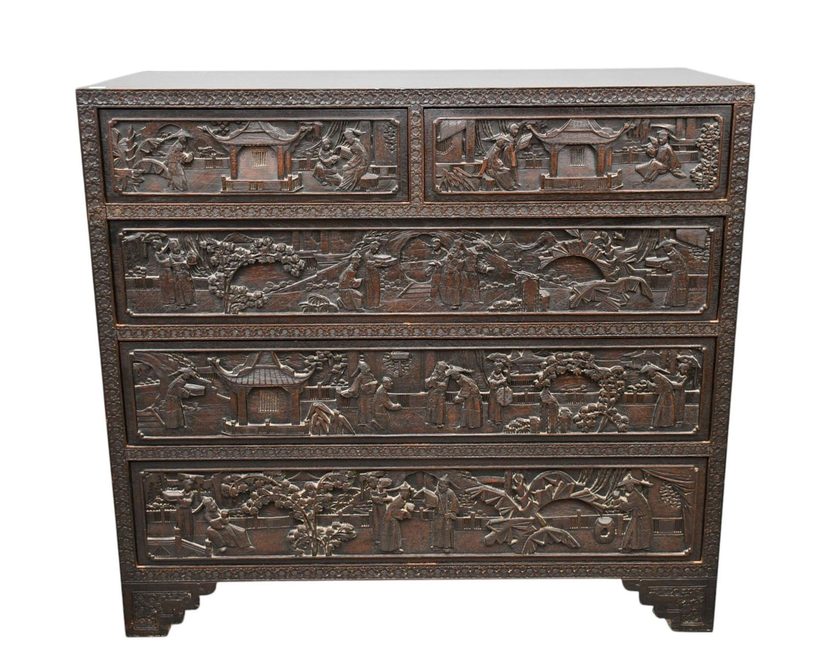Oriental Elaborately Carved 5 Drawer Chest including Side Panels, 40"H x 44"w x (1 of 10)