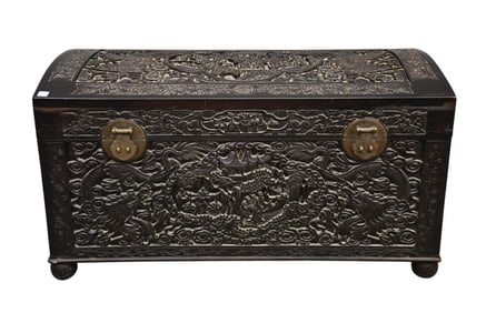Oriental Heavily Carved Slightly Domed Trunk, 21"h x 44"w x 22