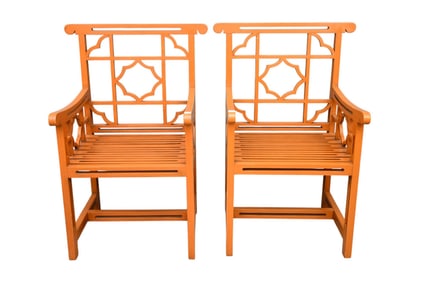 Pair Oriental Motif Wood Arm Chairs, Slatted