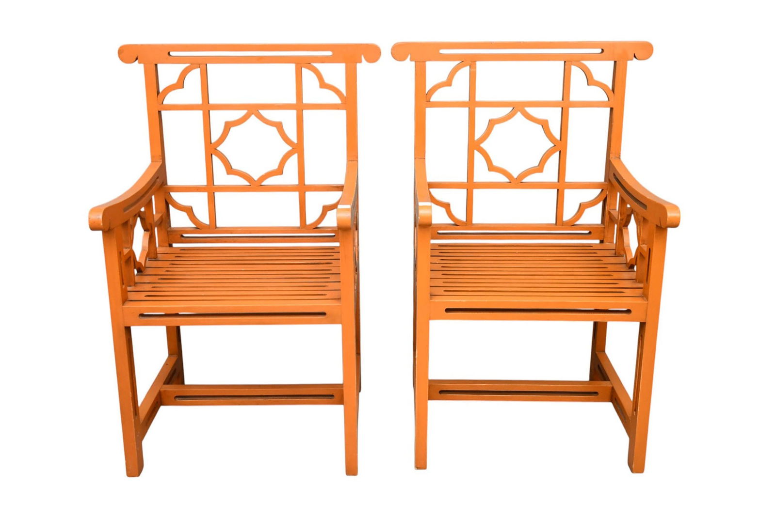 Pair Oriental Motif Wood Arm Chairs, Slatted (1 of 4)