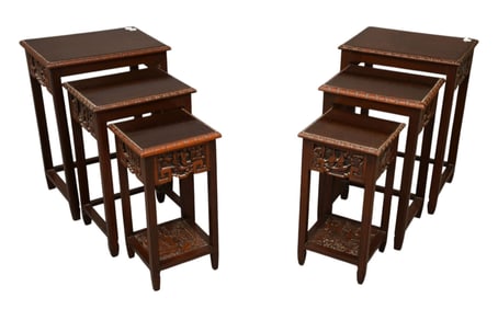 Pair of George Zee & Co Asian Carved Nest of Tables (3), Carved Ship Motif, Tallest