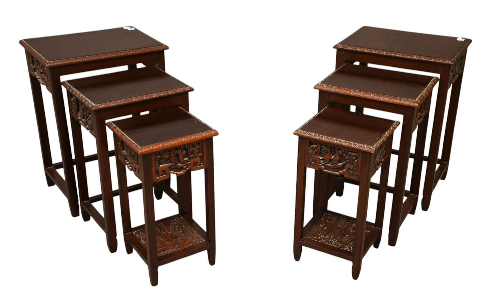 Pair of George Zee & Co Asian Carved Nest of Tables (3), Carved Ship Motif, Tallest (1 of 8)