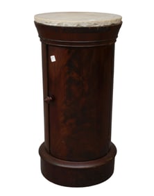 19th c. Mahogany Cylindrical Stand with Single Door, Stone Top, 32"h x