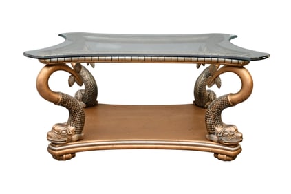 Coffee Table, 4 Curving Dolphin Supports with Conforming Glass Top, 25"H x 52"w x